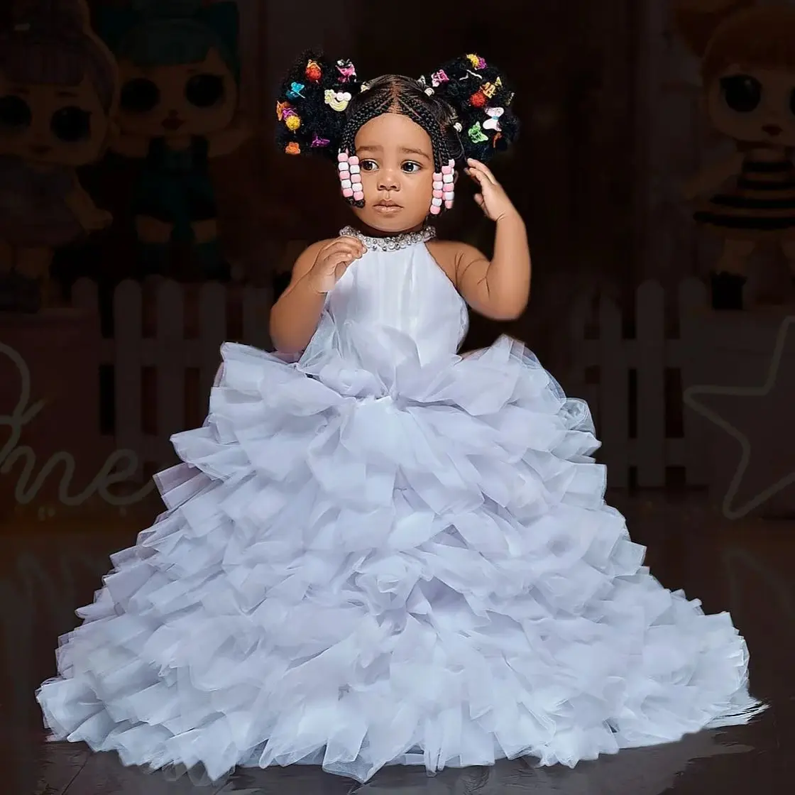 Princess White Girls Birthday Dresses Baby Kids Wear Customized Layered Flower Girl Dresses for Wedding First Communion Dress