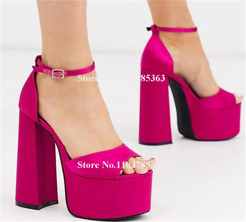 

Elegant Rose Pink Satin Chunky Heel Sandals Sexy Peep Toe High Platform Ankle Strap Buckles Block Heel Party Shoes Big Size