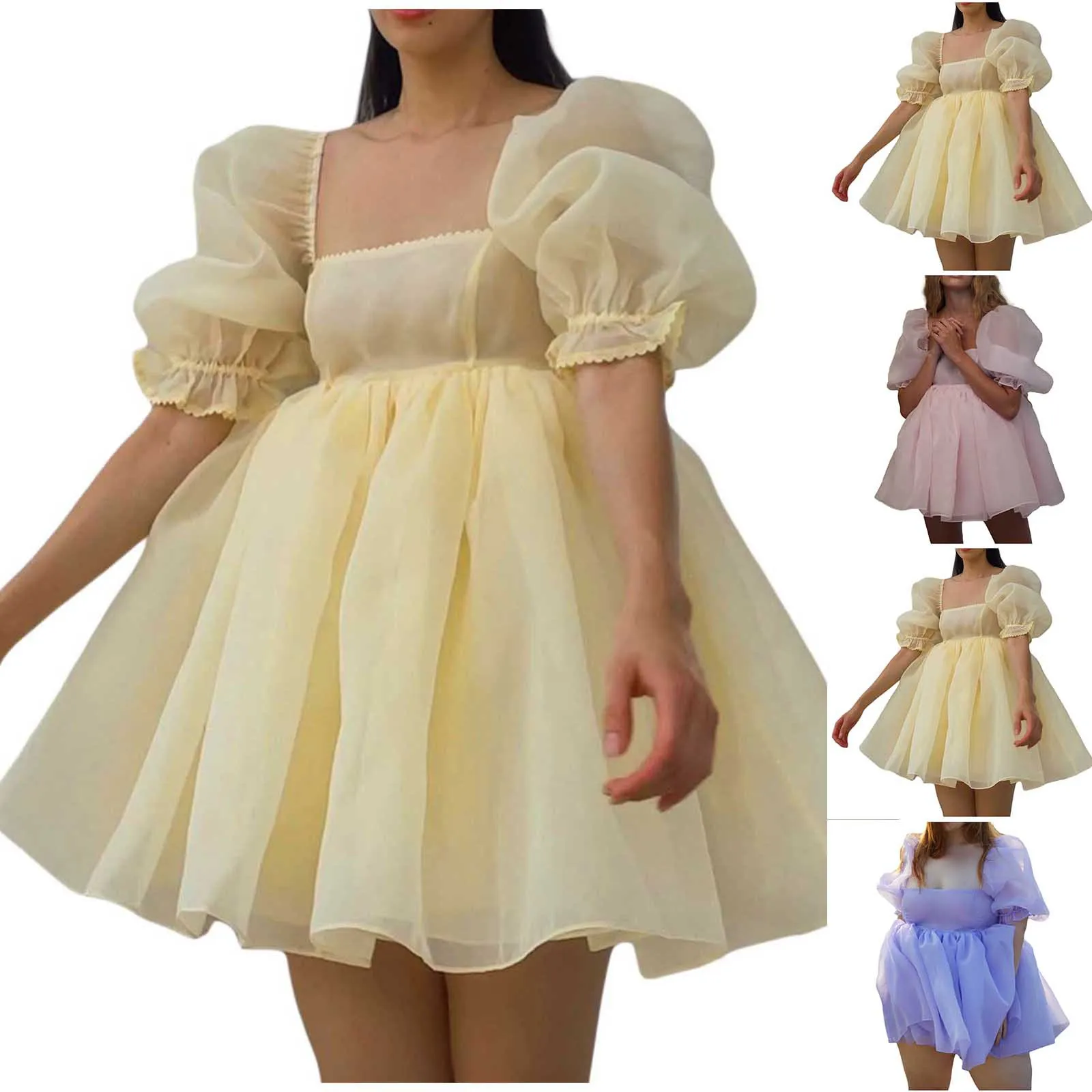 Women Kawaii Puff Sleeve Tulle Princess Dress Vintage Off Shoulder Square Collar Mini Dress Puffy Mesh Party Prom Evening Dress