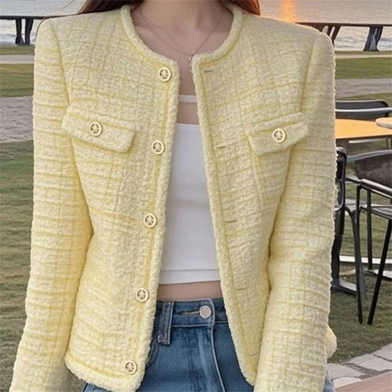 

Yellow Small Fragrance Jacket Women Clothing New Spring Autumn Short Jacket O-neck Long Sleeved Single Breasted Female Outerwear