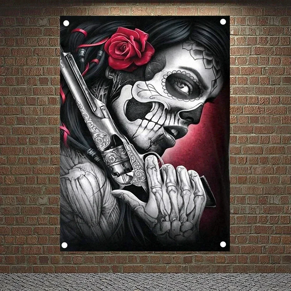 Mexican Skull Tattoo Death Art Banner Wall Painting Chicano Tattoo Art Posters Hanging Flag Wall Sticker Home Decor Tapestry