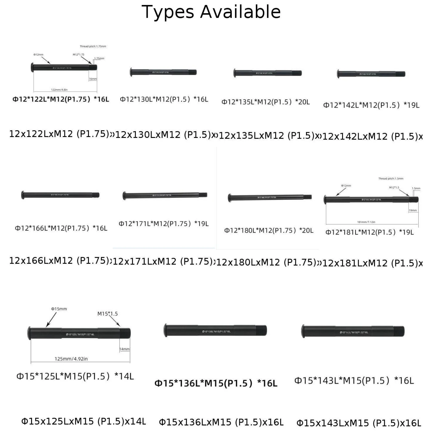 Bike Thru Axle Front Fork/rear Shaft Skewers Rear Hub Thru Axle 12/15mm 122-181L P1.5/P1.75 Bicycle Replacement Accessories