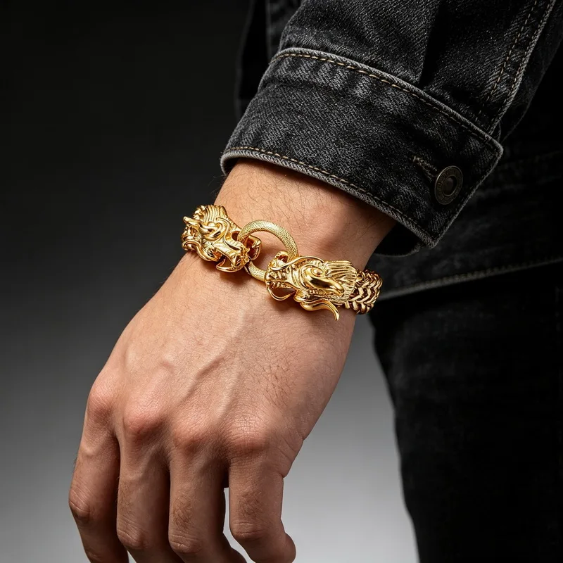 Stainless Steel Nordic Double Dragon Head Bracelet Men Punk Mesh Chain Animal Bracelet Hip Hop Rock Trend Jewelry