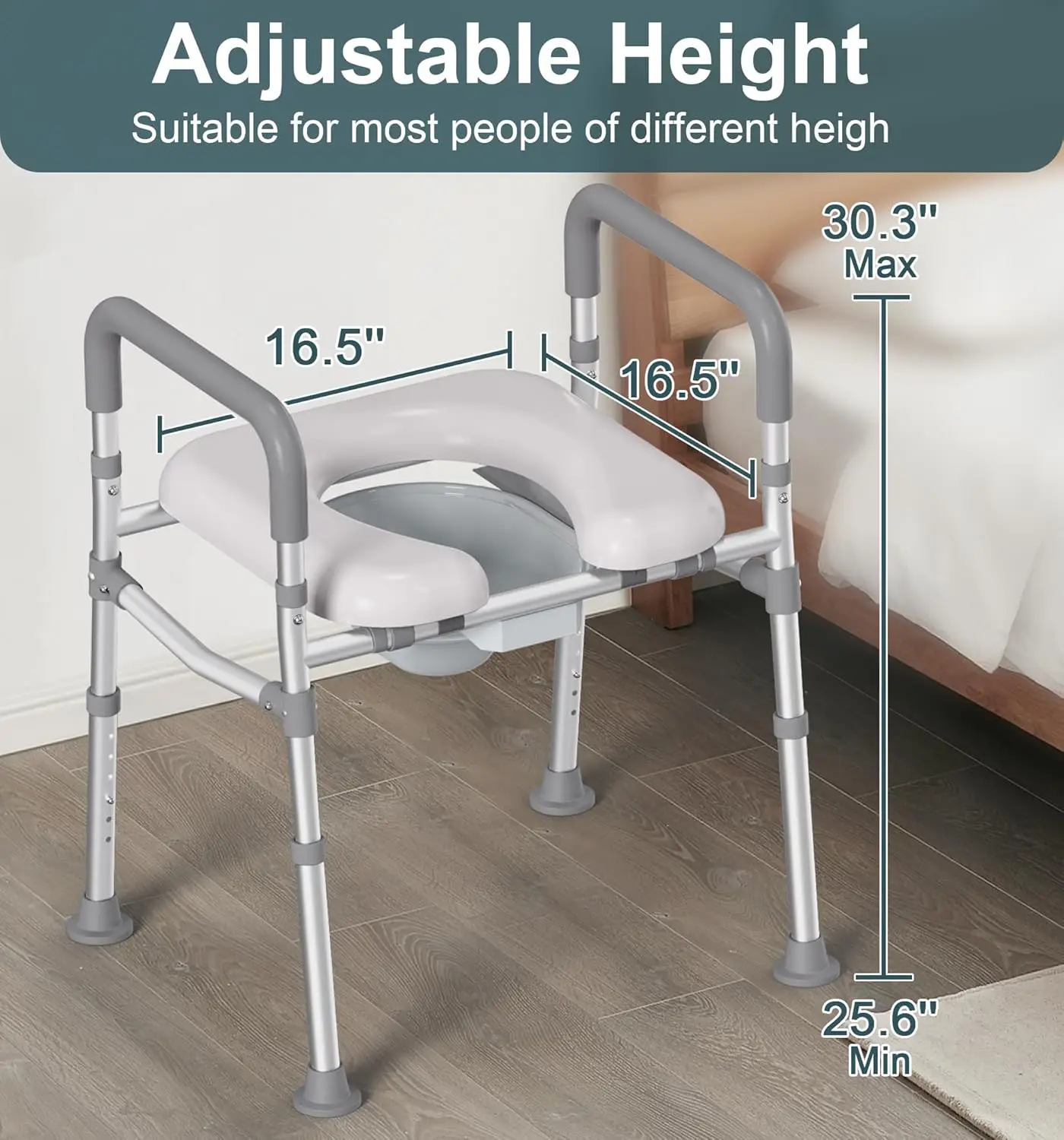Adjustable Raised Toilet Safety Chair, Elderly Disabled Shower Stool, Armrest, Bathroom Aid, 400lbs Capacity, Non-Slip Design