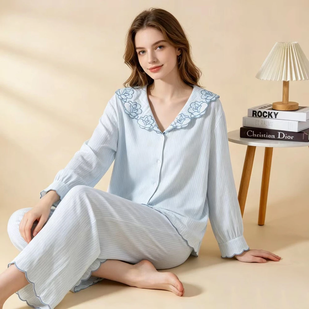 Women's Striped Pajama Set Bamboo Cotton Delicate Embroidery Collar Sleepwear Spring Summer New Long Sleeve Pant Set Loungewear