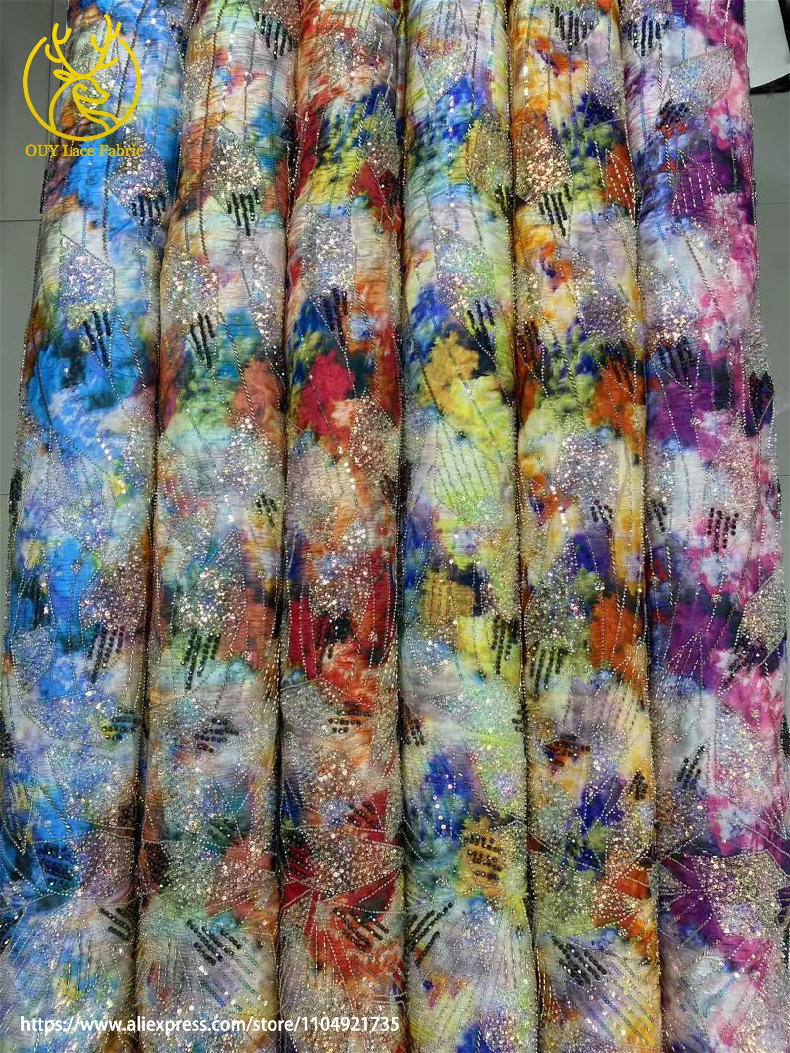 Französisch Bunte Mode Frauen Party Abendessen Kleid Nähen Material Hohe Qualität Afrikanische Pailletten Perlen Stickerei Spitze Stoffe – Detail 5