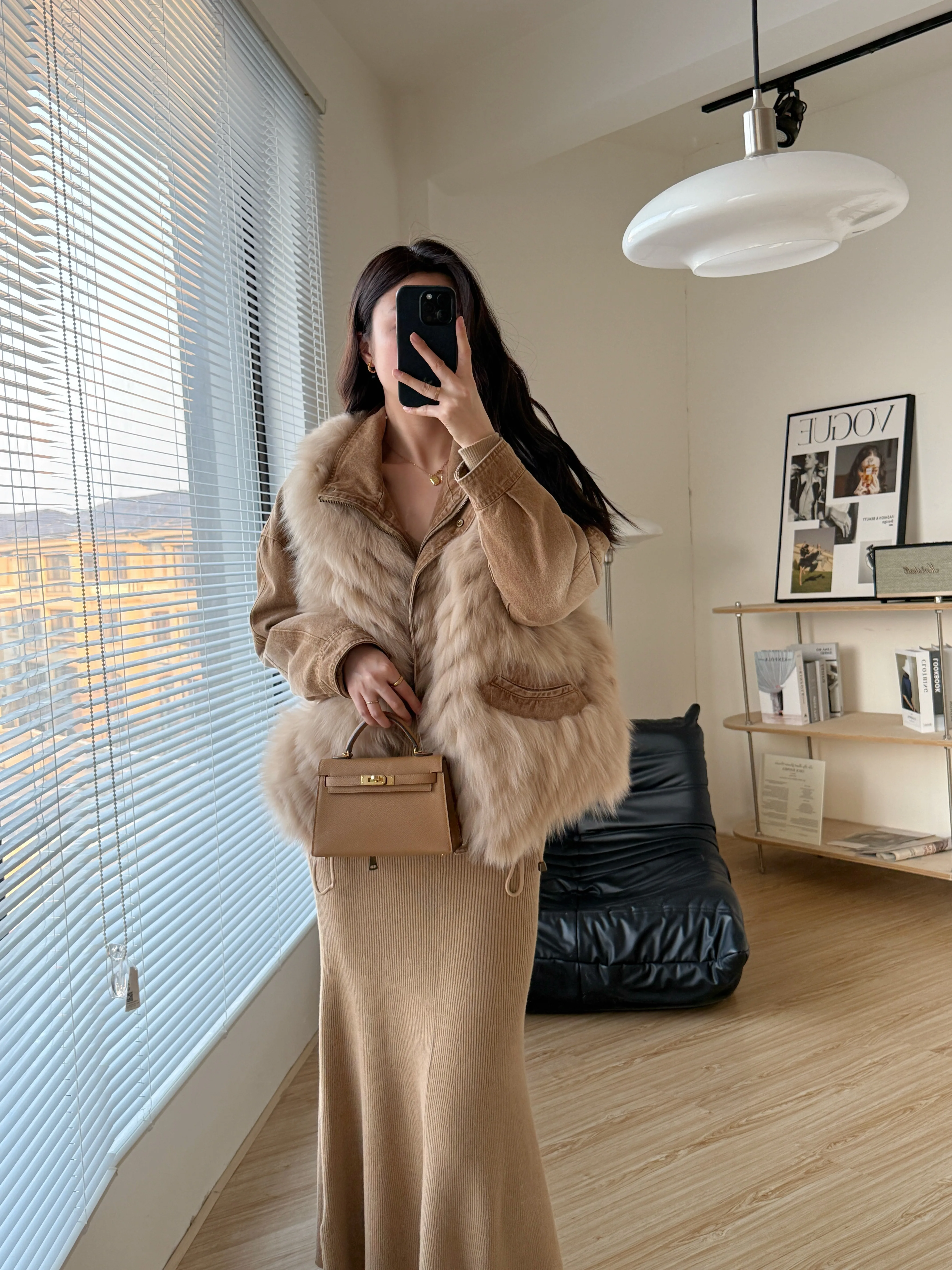 2025 겨울 필드 신상 투피스 데님 폭스 퍼 베스트 재킷, 구스다운 이너 라이너 포함, 필수템