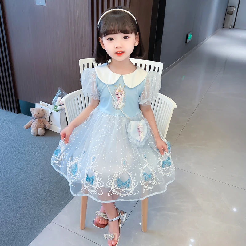 2022 Summer Girls New Dress Lace Breathable Butterfly Princess Dress Children's Cheap Skirts Puff Sleeves Baby's Dress Cool