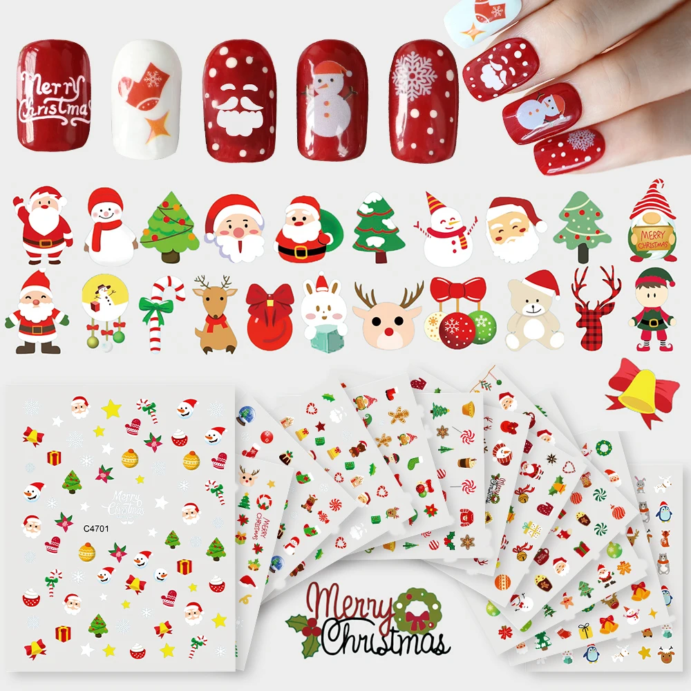 Christmas Greenery Nail Stickers Xmas Holly Animal Penguin Candy Winter Sliders Decor 2024 Holiday Decals Manicure Tips Foils *&