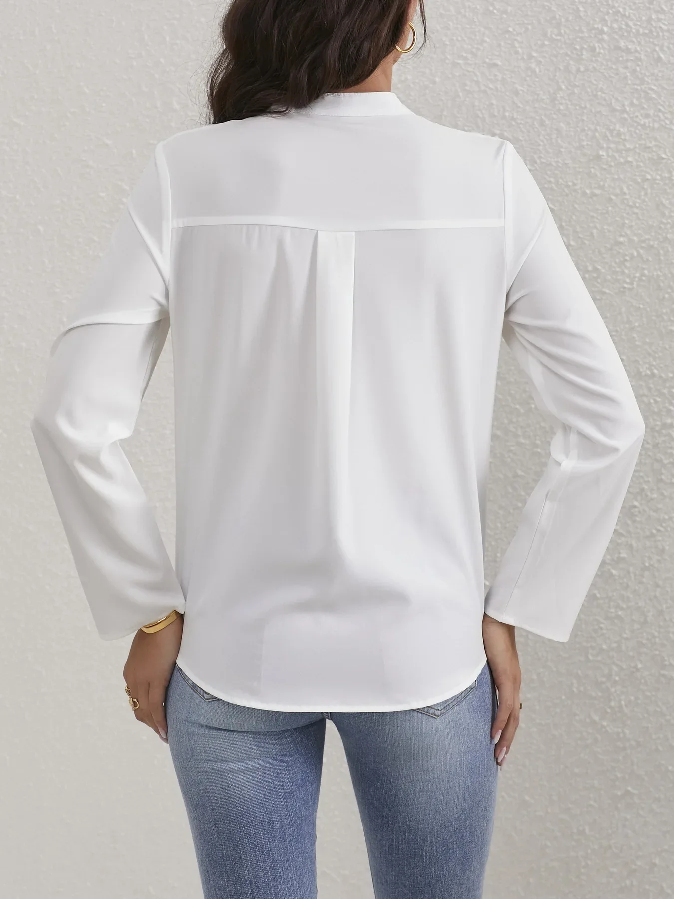 Ladies Solid V Neck Blouse Casual Roll-up Sleeve Blouse Women Tops Shirts