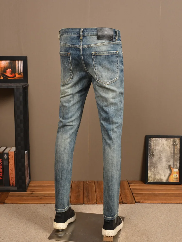 Blue with Holes Jeans Men's Trendy Tight Stretch High Fashion Vintage Print Distressed Casual Ankle Banded Pants