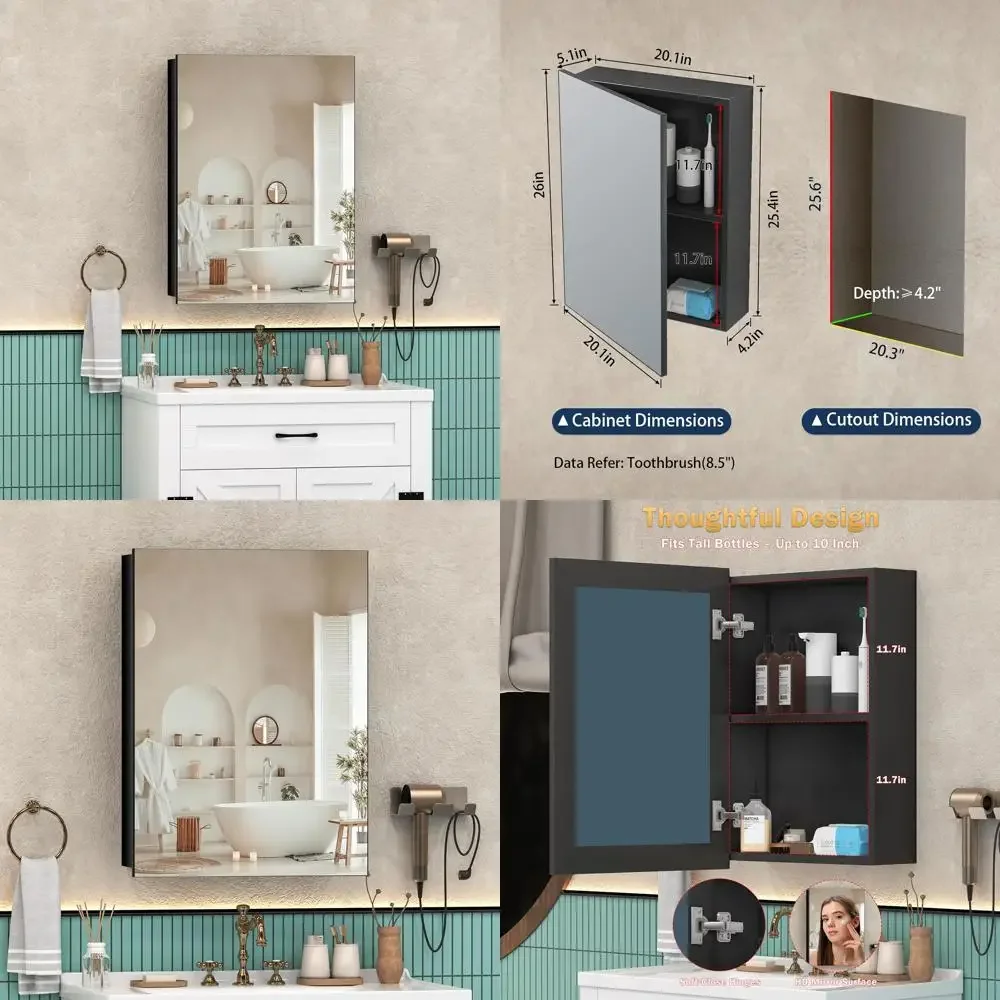 خزانة أدوية حمام صغيرة سوداء مع مساحة تخزين، خزانة ذات مرآة مثبتة على السطح أو مجمعة مسبقًا