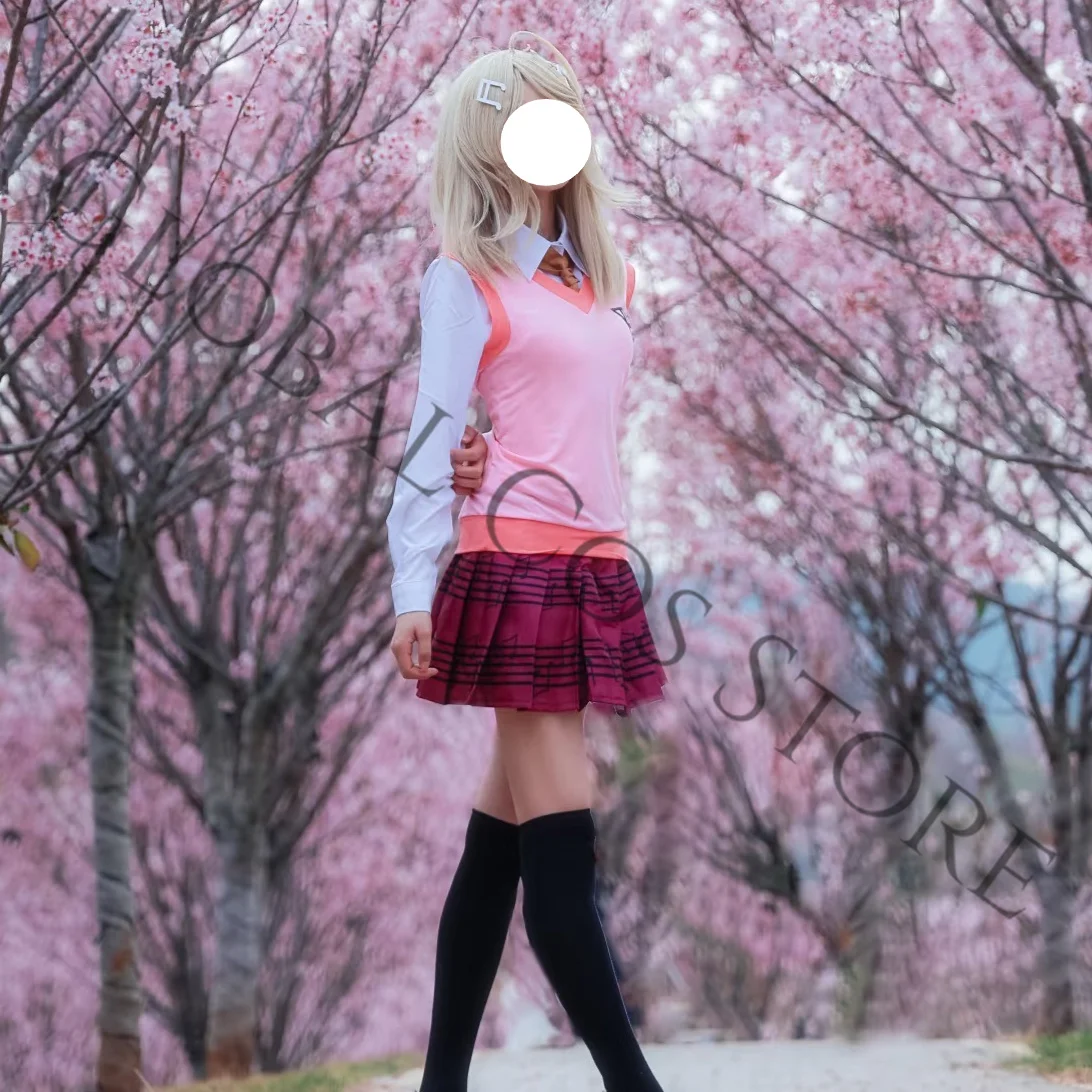 Kaede Akamatsu Pink JK Unifrom Cosplay Costume Set with Brown Tie Black Socks Tie and Wig Set for Comic Con Roleplay Danganronpa