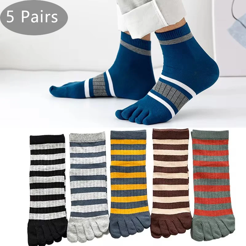 

5 Pairs Mans Short Socks With Toes Pure Cotton Striped Business Young Street Fashion Colorful Five Finger Happy Socks Sokken