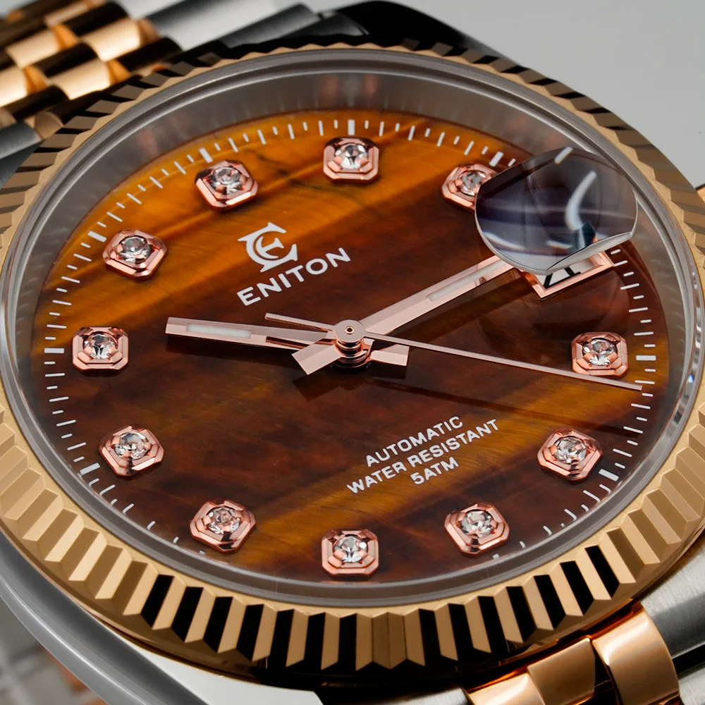 ENITON 36mm Tiger-eye Dial Two-tone Strap Watch Stainless Steel 316L NH35 Movement Watch 5ATM Luxury Business Men Watch