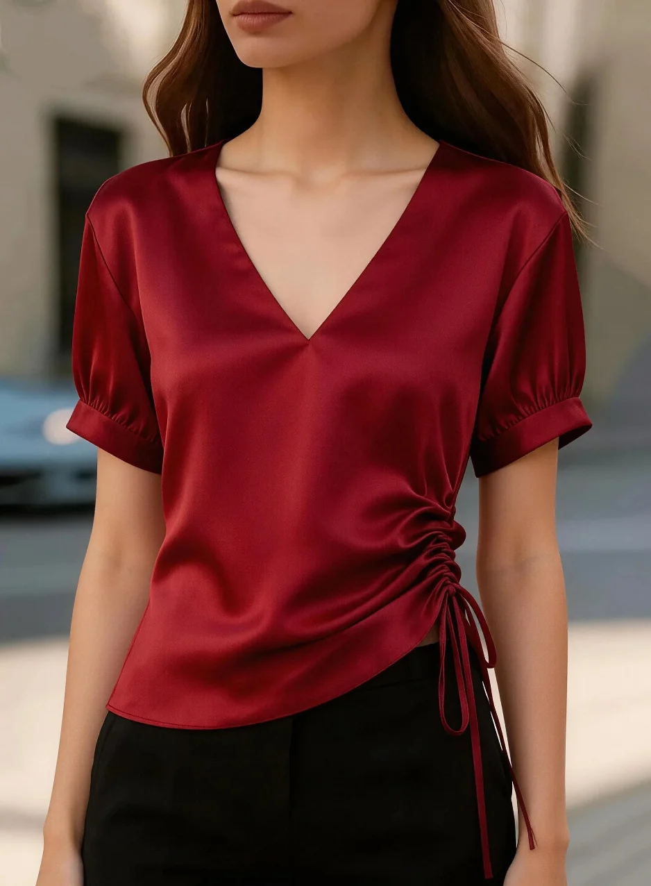 Puff Sleeve Blouse - Women V Neck Puff Short Sleeve