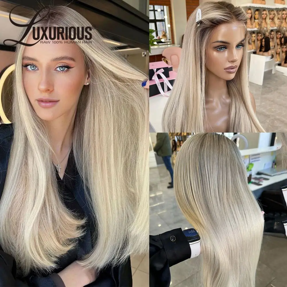 Perruque Lace Closure Wig Remy 100% Naturelle, Cheveux Lisses, Couleur Ombré Blond 5x5, Pre-Plucked, Transparente, 13tage