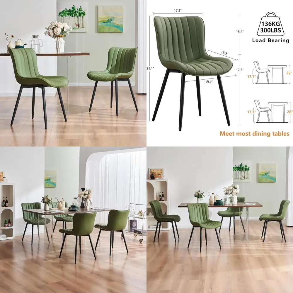 Juego de 2 sillas de comedor modernas de piel sintética verde oliva de mediados de siglo con patas y brazos de metal negro