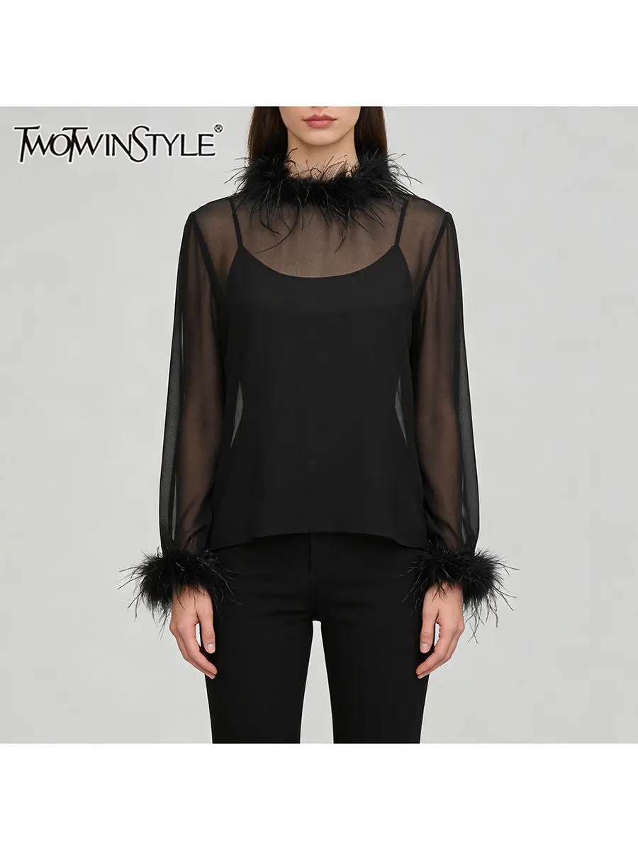 

Женская футболка TWOTWINSTYLE: Элегантная, прозрачная, с перьями, круглым вырезом и длинными рукавами, минималистичный дизайн, модная женская одежда