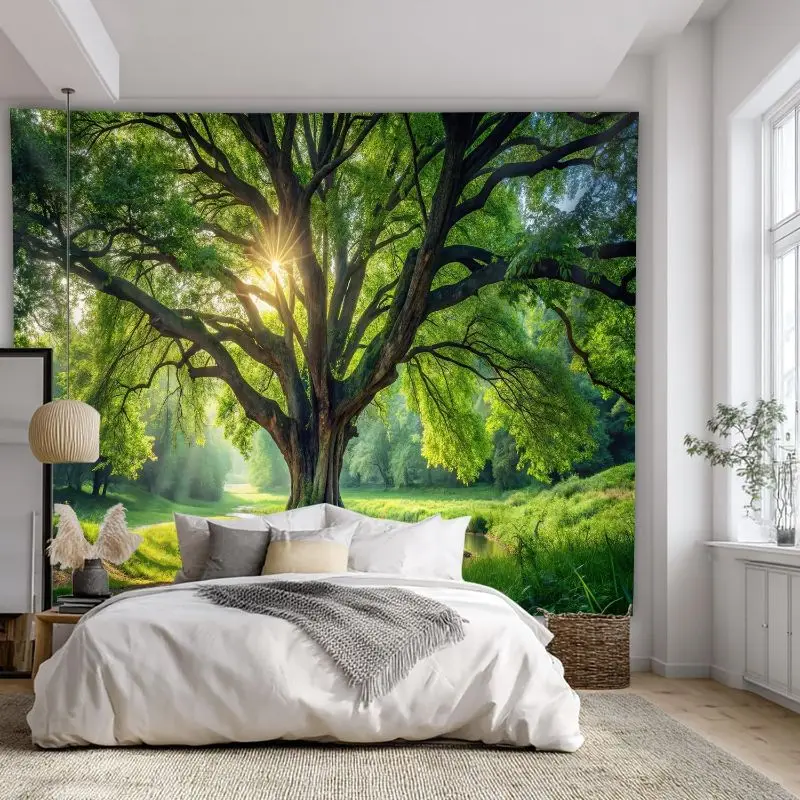 VIKAMA Green Forest Oak Sunlight River Wall Tapestry Realistic Nature Landscape Tree Grass Meadow Water Scenery Bedroom Living