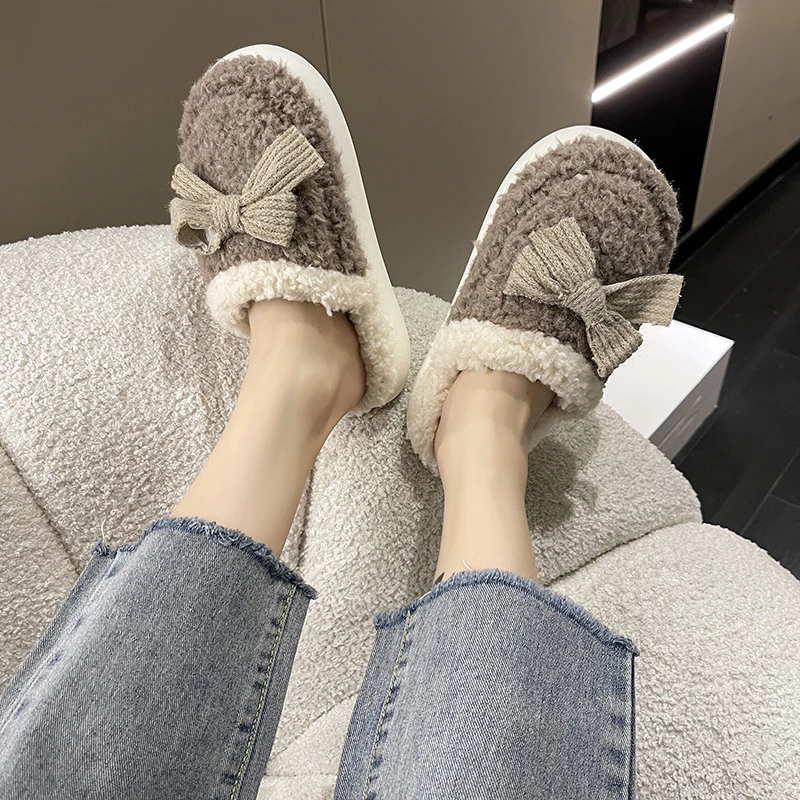 

Fashion Bowknot Cotton Slippers Winter Warm Furry Slides Cute Soft Hairball Slippers Anti-slip Women Slippers Indoor Couple Shoe