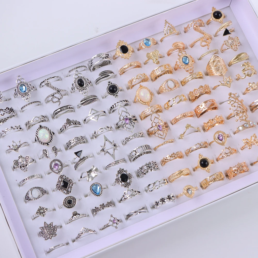 100Pcs/Lot Bohemia Elegant Vintage Mix Style Rhinestone Flower Geometry Finger Rings For Women Party Gift Jewelry Accessories