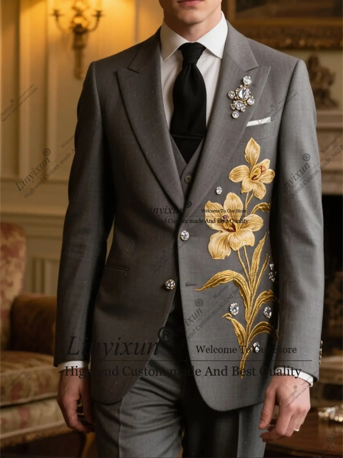 Luxury Embroidery Diamond Men Suits 3 Pieces Sets Groom Male Prom Blazers Customized Slim Fit Tuxedos Wedding trajes para hombre