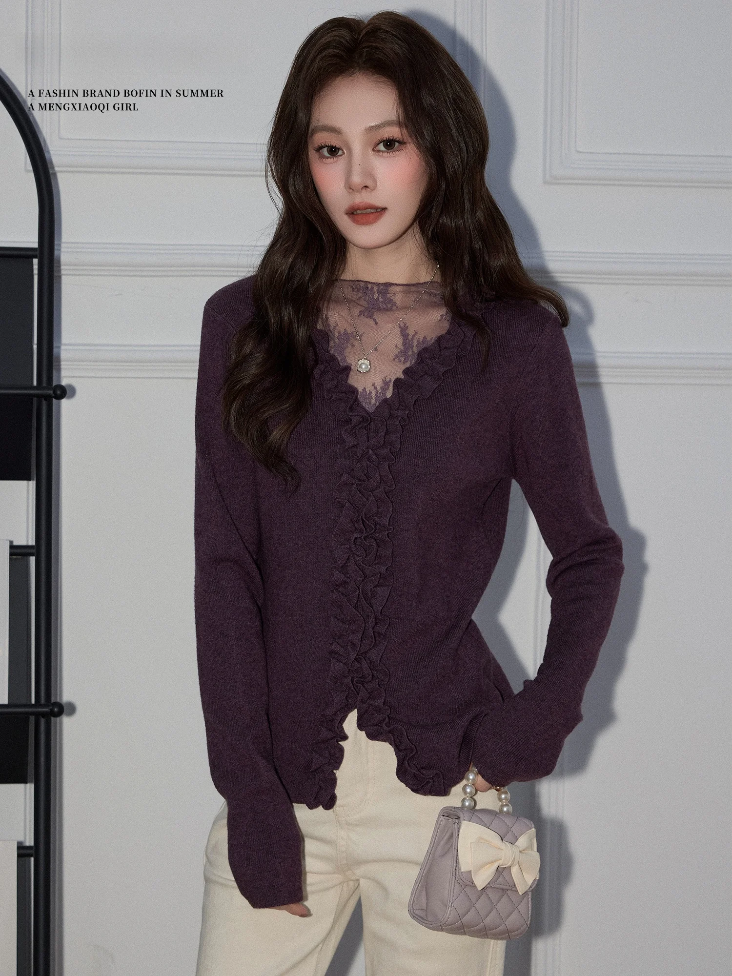 

Женский длинный вязаный свитер Meng Xiaoqi, фиолетовый, с кружевными вставками, осенне-зимний, для ношения под одеждой, базовый слой