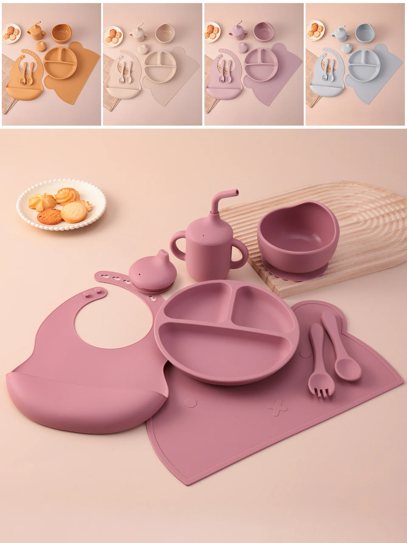 

7PCS Silicone Baby Feeding Set Divided Plates Suction Bowl BPA Free Spoon Straw Cup Toddler Self Feed Essentials Newborn