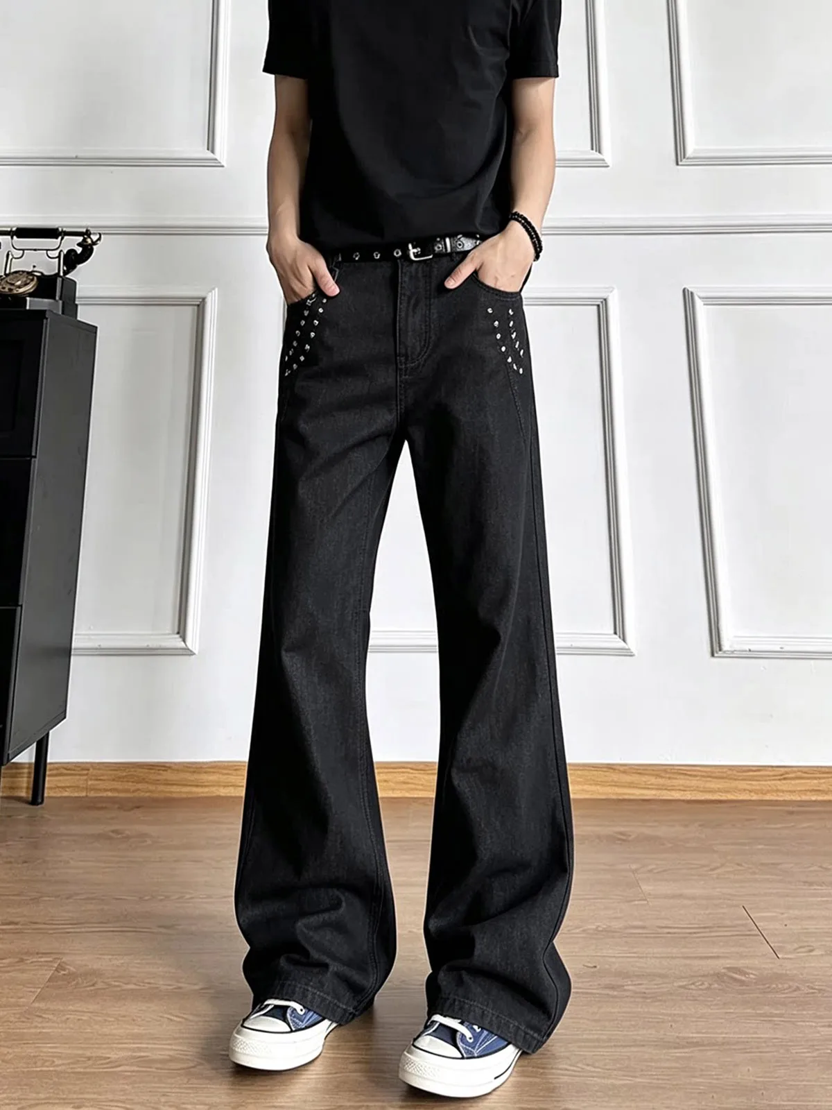 Cleanfit Rivet Slim Fit American High Street Straight Leg Jeans Youth Popular mid Waist Zipper Closure Pure Color Autumn Jeans