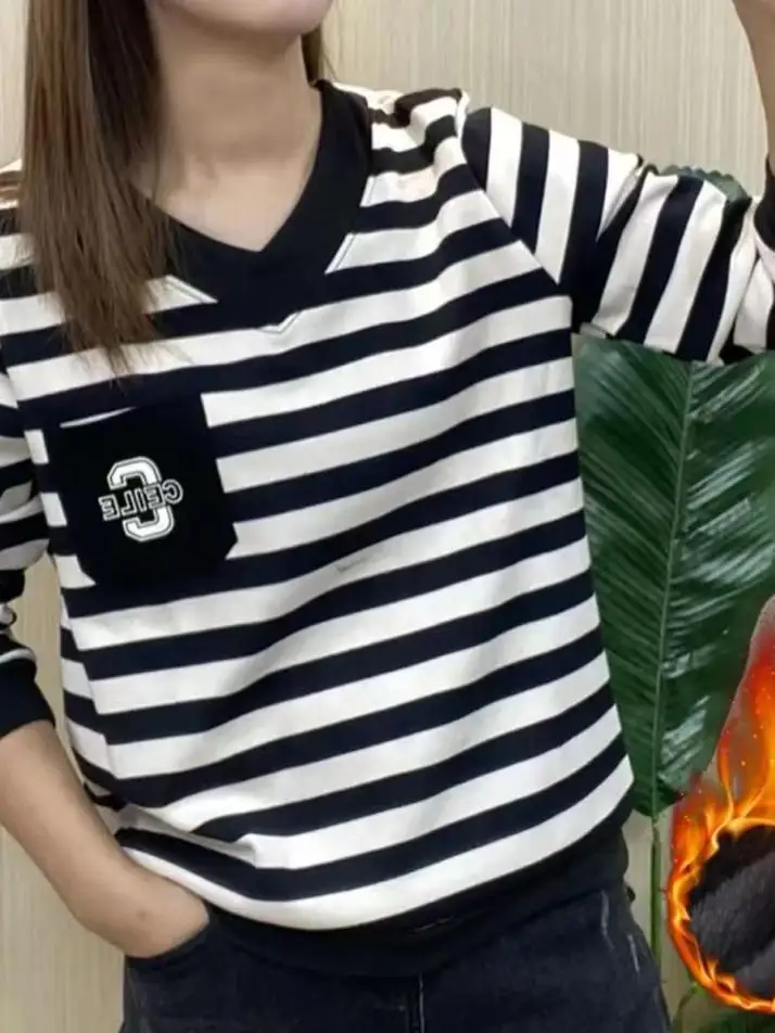 Thiened Fce Hoodie Dames Casual Basislaag T-shirt Herfst Winter Losse Vrije tijd Streep Top voor moeders van middelbare leeftijd