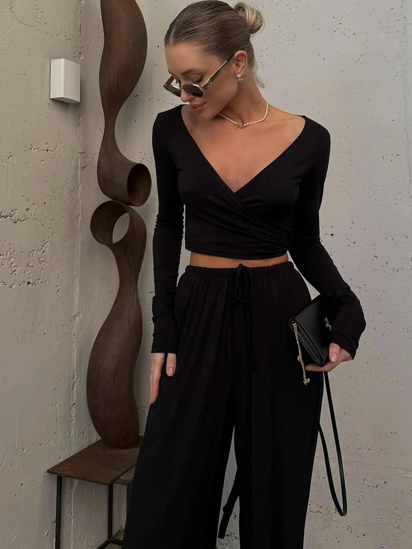 

AODEBIAO Autumn Winter Women 2 Piece Set Solid Long Sleeves T-shirt Black Trousers Casual Sexy V-Neck Crop Top Pants Set Women