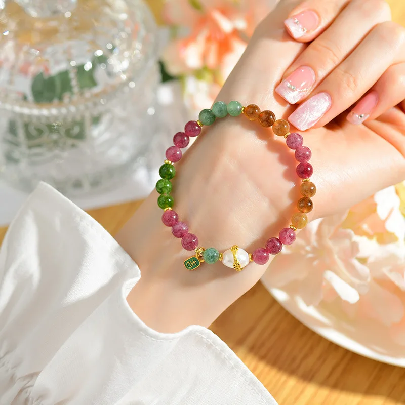 Natural Crystal Optimized Tourmaline Bracelet with Pearl Gold Plated Ring Colorful Sweet Style Bracelet for Women Gifts