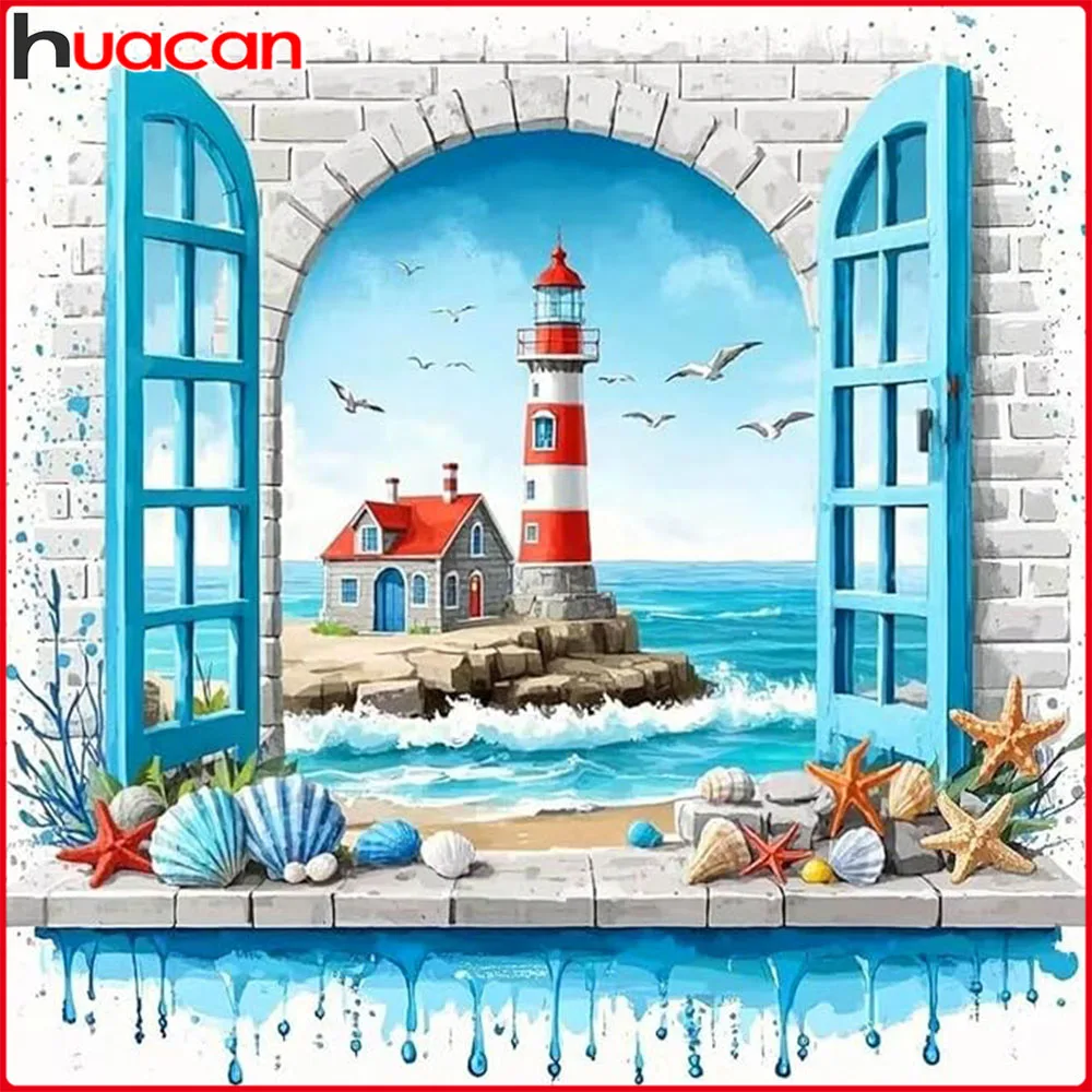 Huacan 5D-Diamantgemälde zum Selbermachen, Meer, Leuchtturm, Muschel, Diamant-Stickerei, Landschaft, neue Kollektion 2025, dekorative Gemälde