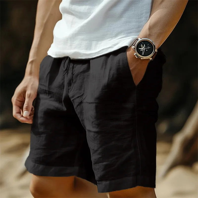 Linen Shorts Pants Drawstring Elastic Waist Straight Legs Solid Color Breathable Daily Beach Five-point Casual Pants