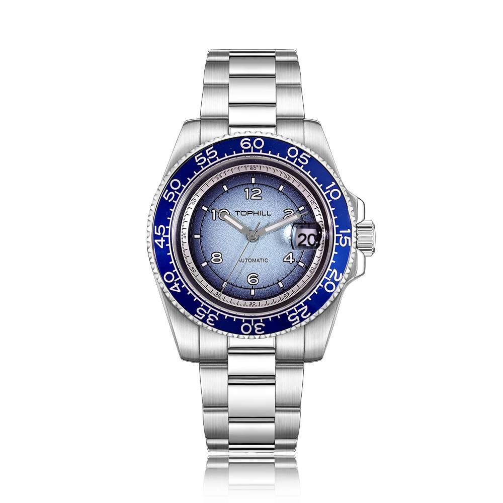 TOPHILL Gradient Dial Mens Mechanical Watch 41mm Flat Sapphire Glass Calendar Luminous Automatic Wristwatches 30m Waterproof