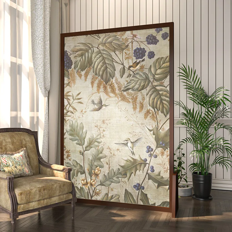 American rural European solid wood screen partition decoration living room entrance flower and bird mobile seat screen