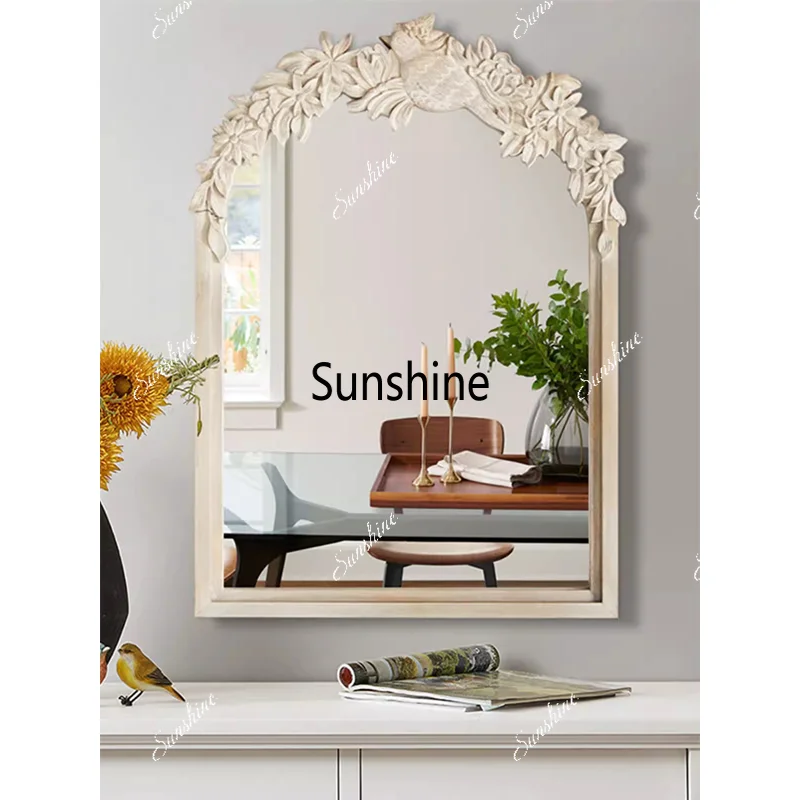 French retro bathroom vanity mirror solid wood carving flower decorative mirror