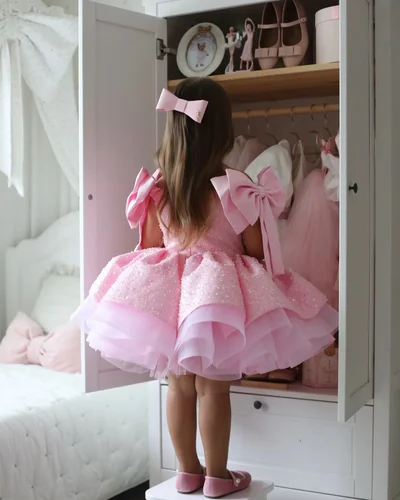 Imagen 2 del producto Precioso vestido rosa personalizado de flores para niña, para boda, cuentas de lentejuelas con lazo, fiesta de cumpleaños para niños, vestidos de baile de primera comunión