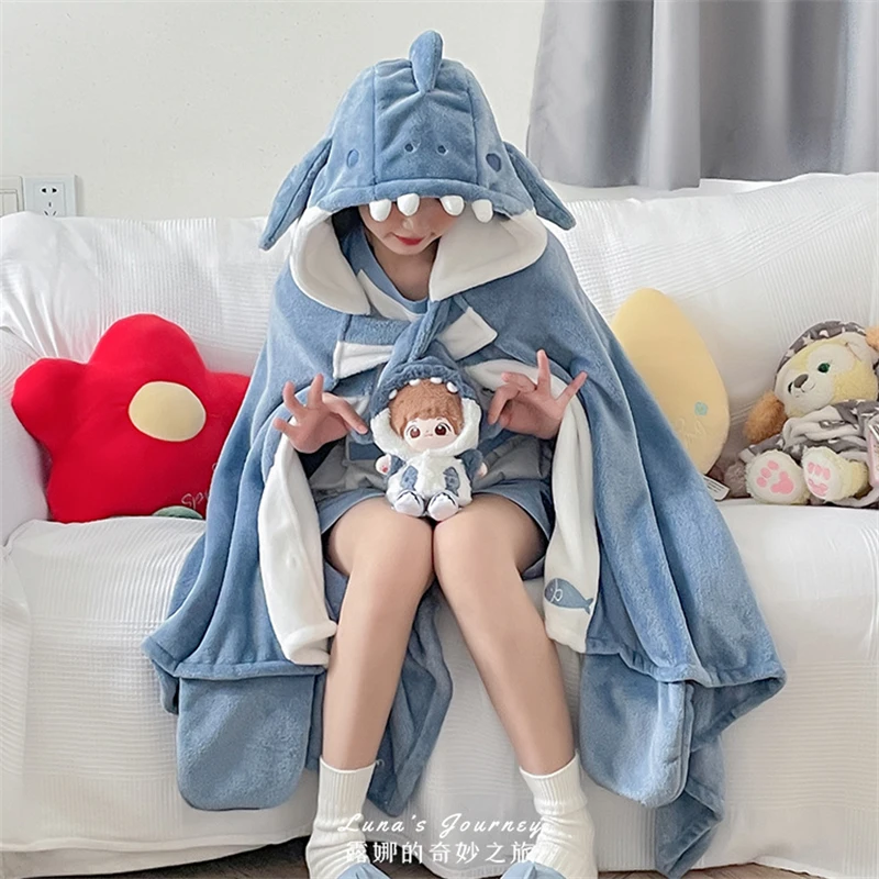 

Cartoon Shark Cute Coral Fleece Sweatshirt Afternoon Pajamas Shawl Cape Style Hooded Nightgown Home Clothes Women's Clothing