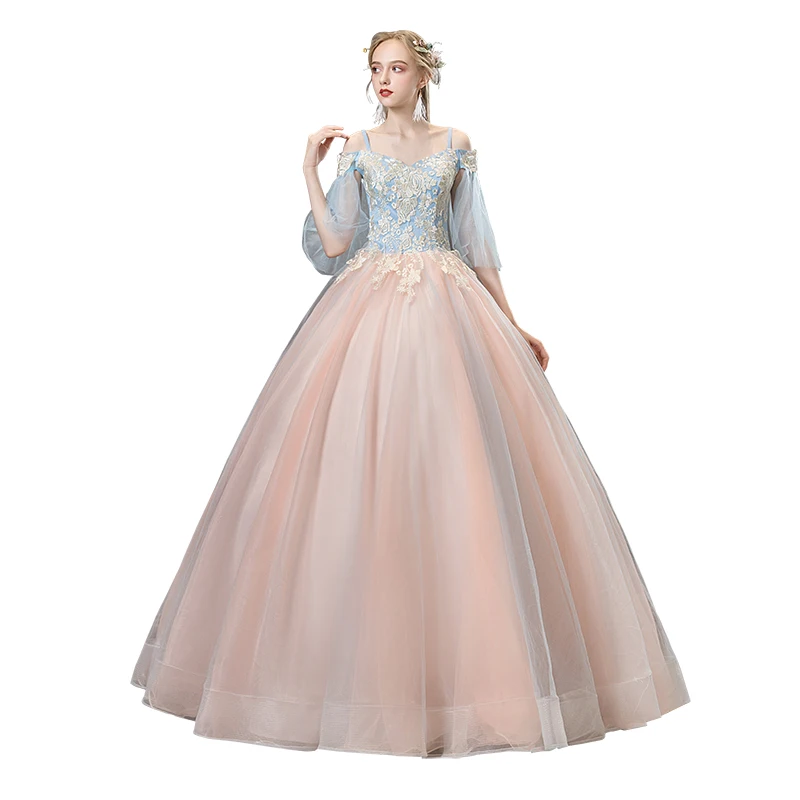 ใหม่คลาสสิกงานแต่งงานชุดเย็บปักถักร้อยดอกไม้ Ball Gown สีฟ้าและสีชมพูยาวจัดเลี้ยง Vestido ที่กําหนดเอง