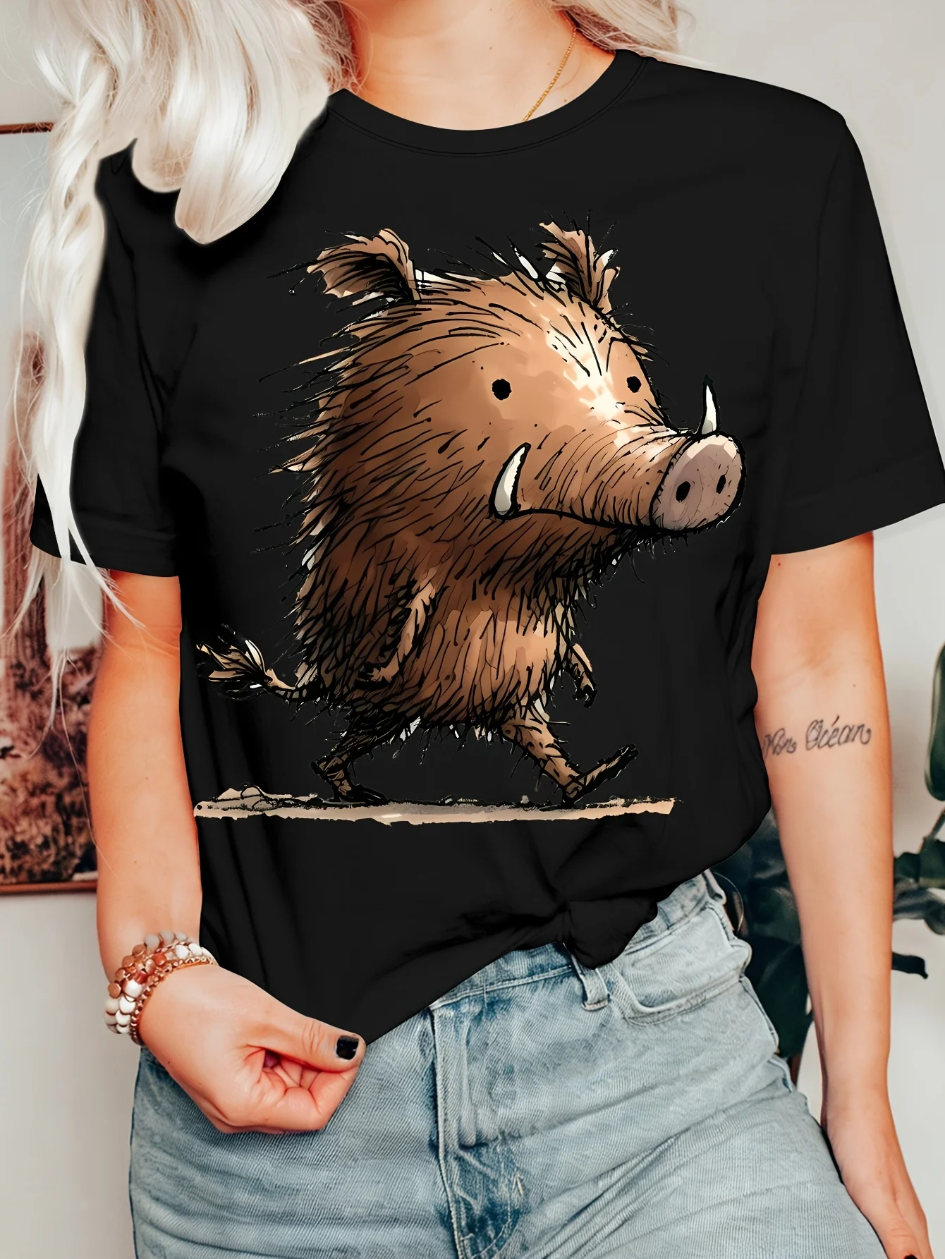 Lovely Wild Boar Womens T Shirt Funny Walking Cartoon Hog Animal Graphic Tee Short Sleeve Casual Daily Holiday Ladies Tops