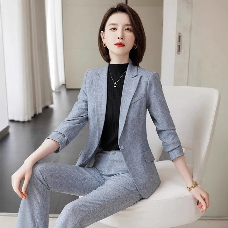 

Серый костюм для женщин, элитная профессиональная одежда на весну и осень, элегантный стиль богини, официальный костюм ведущего, спецодежда