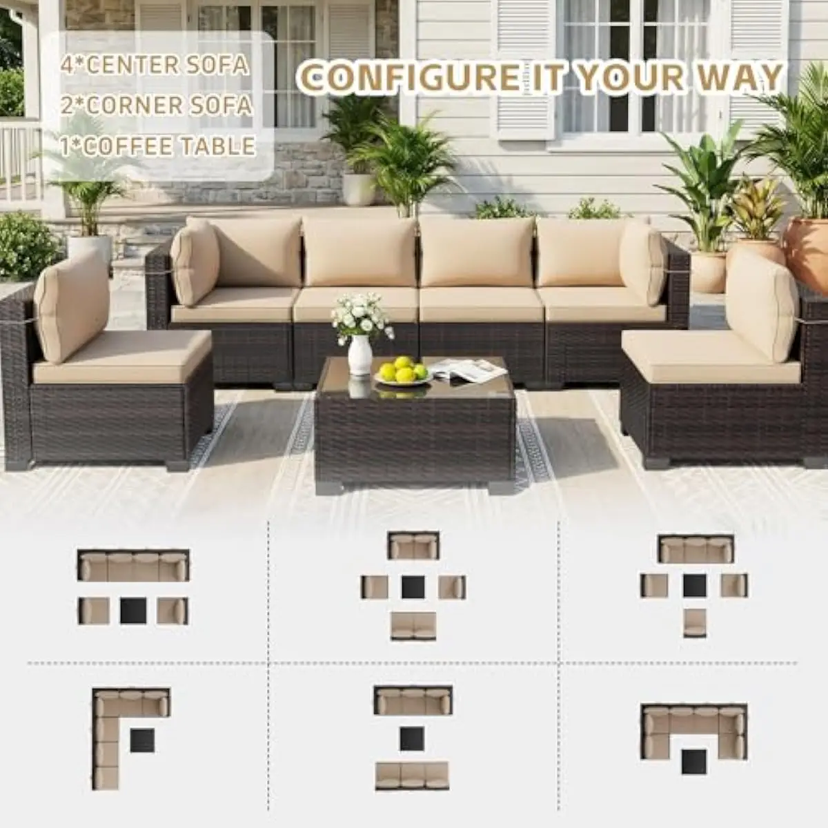 7-Piece Modular Outdoor Wicker Sofa Set with Rectangular Tempered Glass Table – Brown Transitional Design Featuring Rust-Proof S