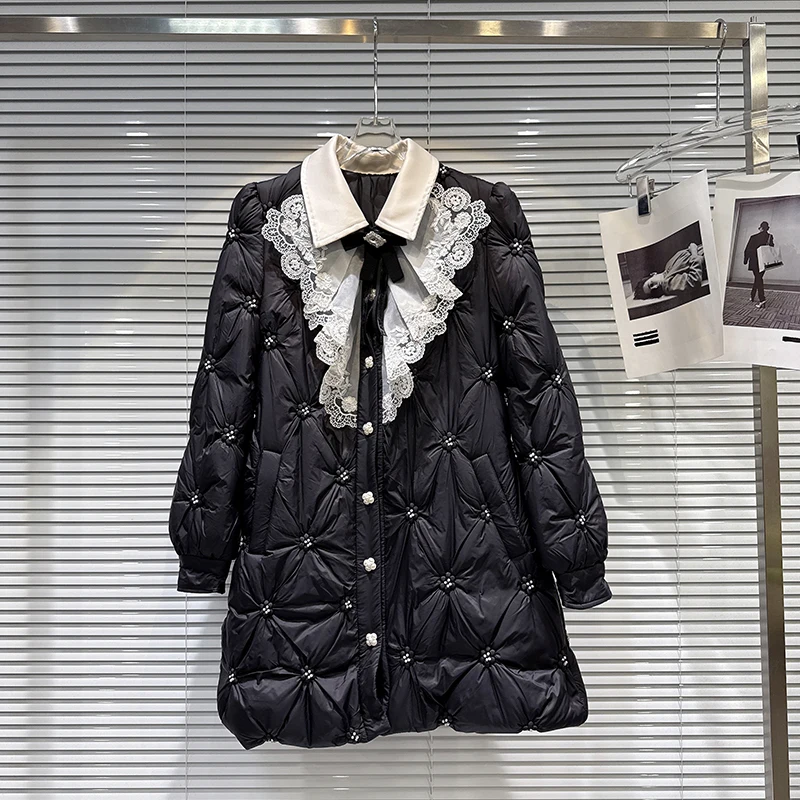 Winter Lace Flower Pearl Down Jacket Women White Duck Down Casual Mid Length Outwears Female Button Thick Warm Waterproof Jacket