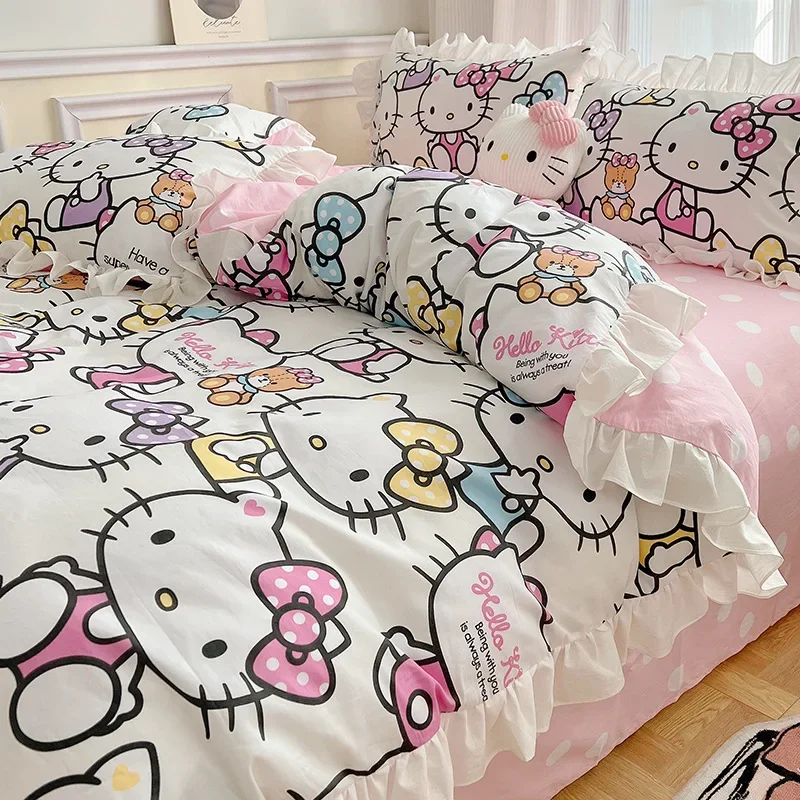 4-piece Set Sanrios Cartoon Character Hello Kittys with Lace Duvet Cover Cute KT Cat All Cotton Bed Sheet Duvet Cover Girl Gift