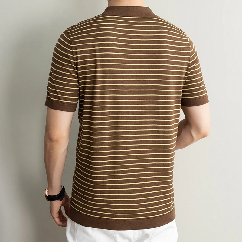 Men's Lyocell shirt summer new casual striped short sleeved T-shirt Polo collar breathable comfortable knitted pullover