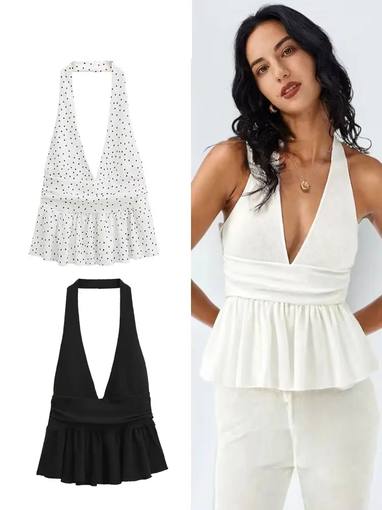 

HH Summer Women's Simple Three Colors Halter Neck Tops Sleeveless Slim Vintage Backless Spliced Pleated Hem Versatile Tops