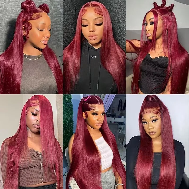 Rot gefärbte 220 Dichte lange glatte Echthaar Max-Lace Perücke 99J Burgunderrot 13x4 Lace Front 13x6 HD Lace Frontal Perücken für Frauen – Detail 4