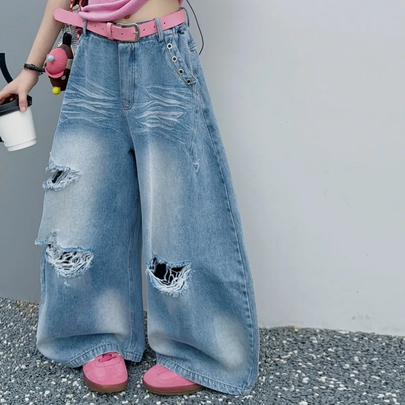 Girls High Fashion Ripped Jeans Street Style Kids Broken Holes Denim Pants Tweens Child Destroyed Retro Trousers for Ages 4-15
